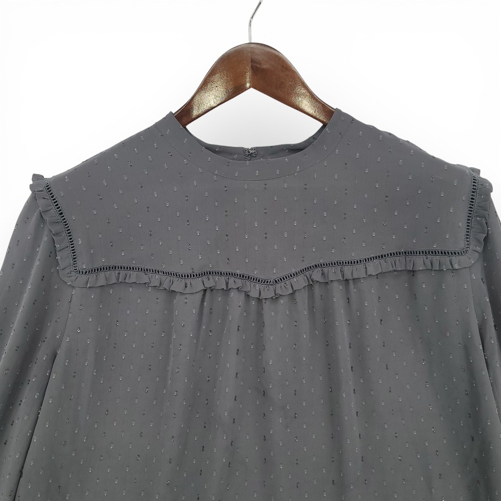 Ann Taylor Women 2XL Blouse Gray Swiss Dot Ruffle Career Office - Picture 2 of 8